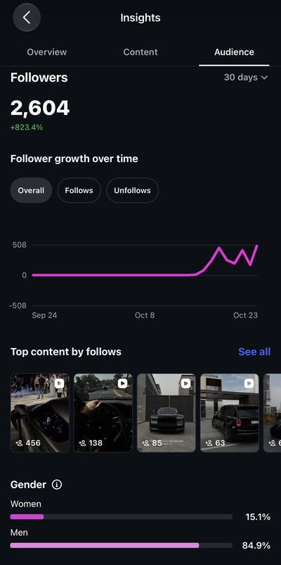 Instagram Insights: 2,604 followers, up 823.4% in 30 days, 84.9% men