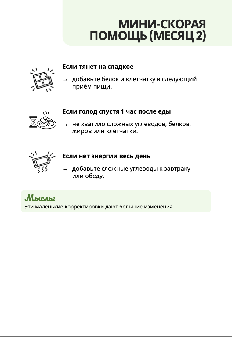 Страница «Мини-скорая помощь» с подсказками: тянет на сладкое, голод спустя час, нет энергии