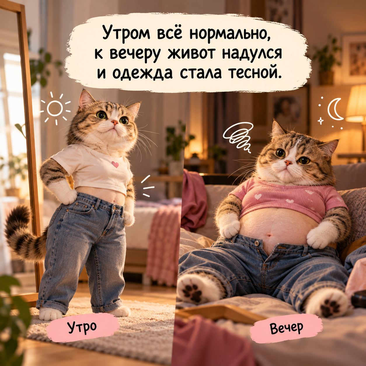 Мем: утром живот плоский, а к вечеру одежда стала тесной