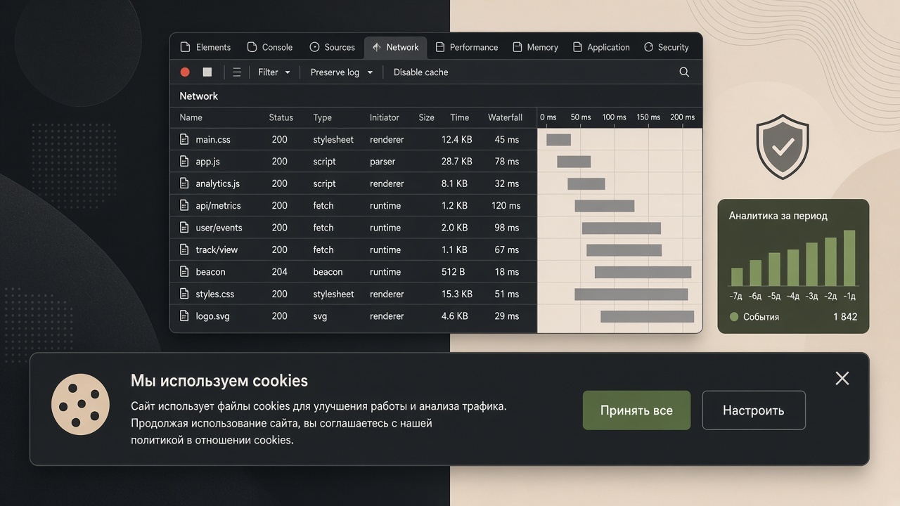 Окно Network, cookie-баннер и график аналитики: счётчик уходит в сеть раньше согласия
