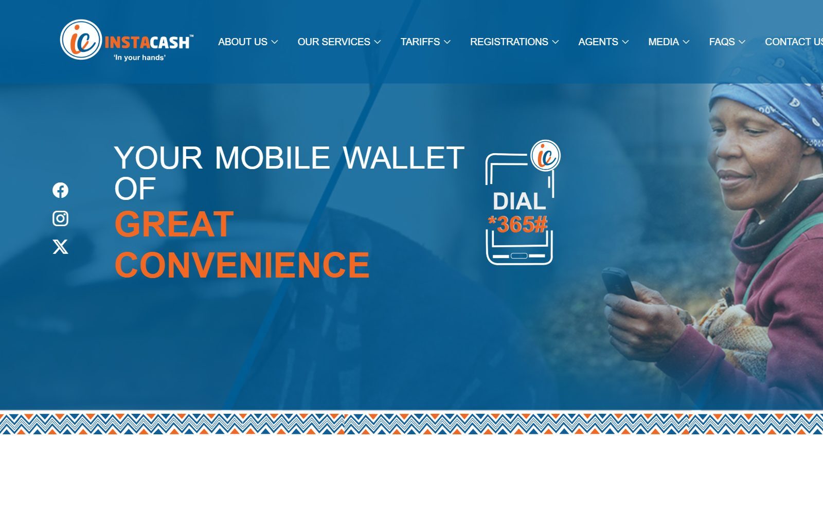 Instacash Eswatini mobile wallet homepage screenshot (October 2026)