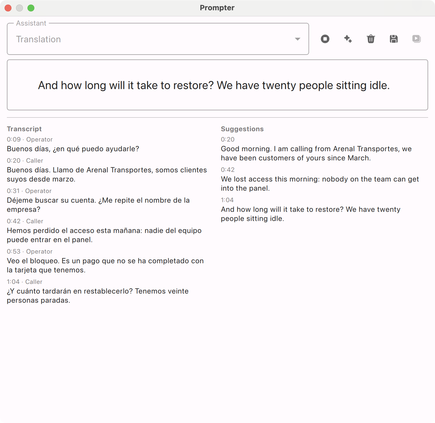 AI Softphone prompter translating a customer who speaks another language, line by line during the call
