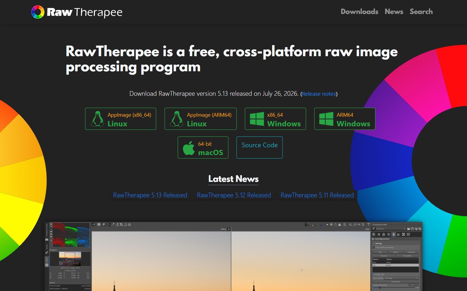 RawTherapee homepage screenshot (October 2026)