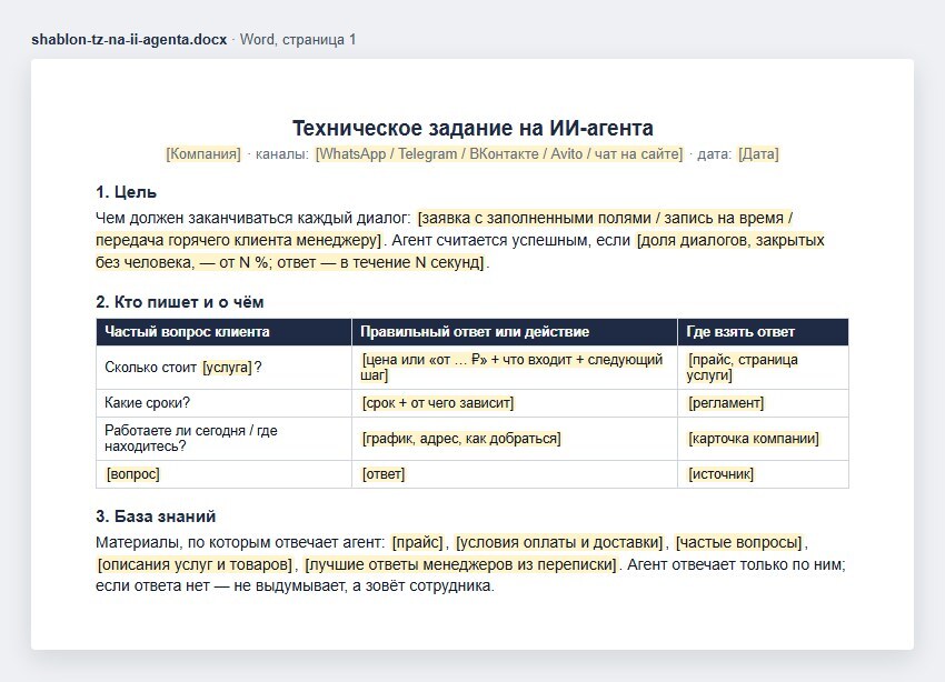 Шаблон технического задания на ИИ-агента в Word: каналы, цель диалога и критерий успеха, таблица частых вопросов клиентов с правильными ответами и источниками, база знаний, по которой отвечает агент