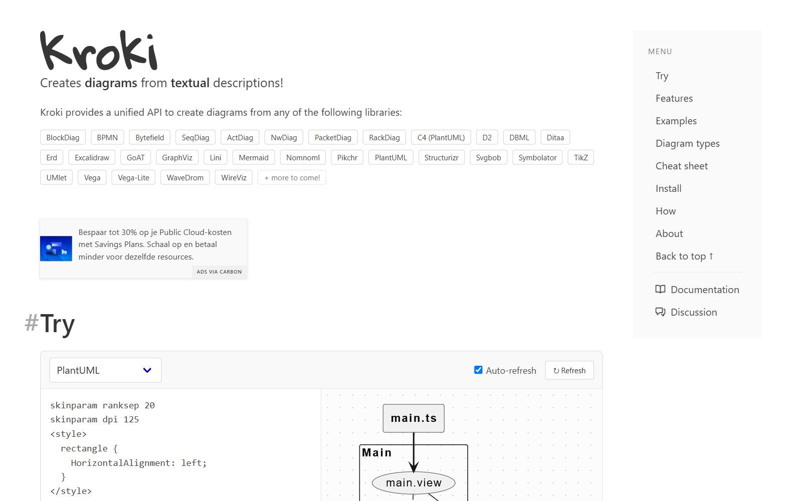 Kroki homepage screenshot listing supported diagram languages (October 2026)