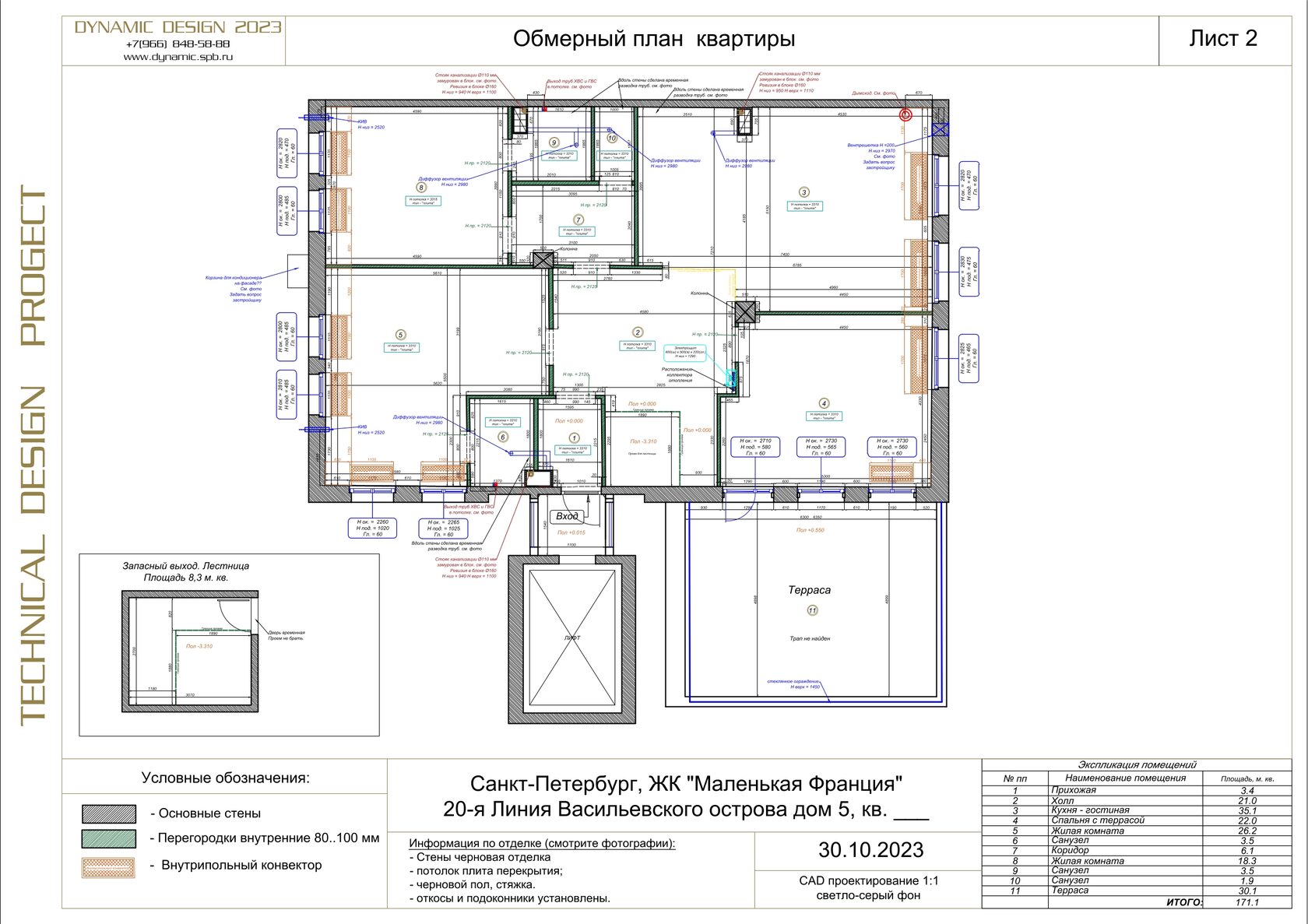 Обмерный план квартиры в AutoCAD: ЖК Маленькая Франция, лист 2 с экспликацией помещений