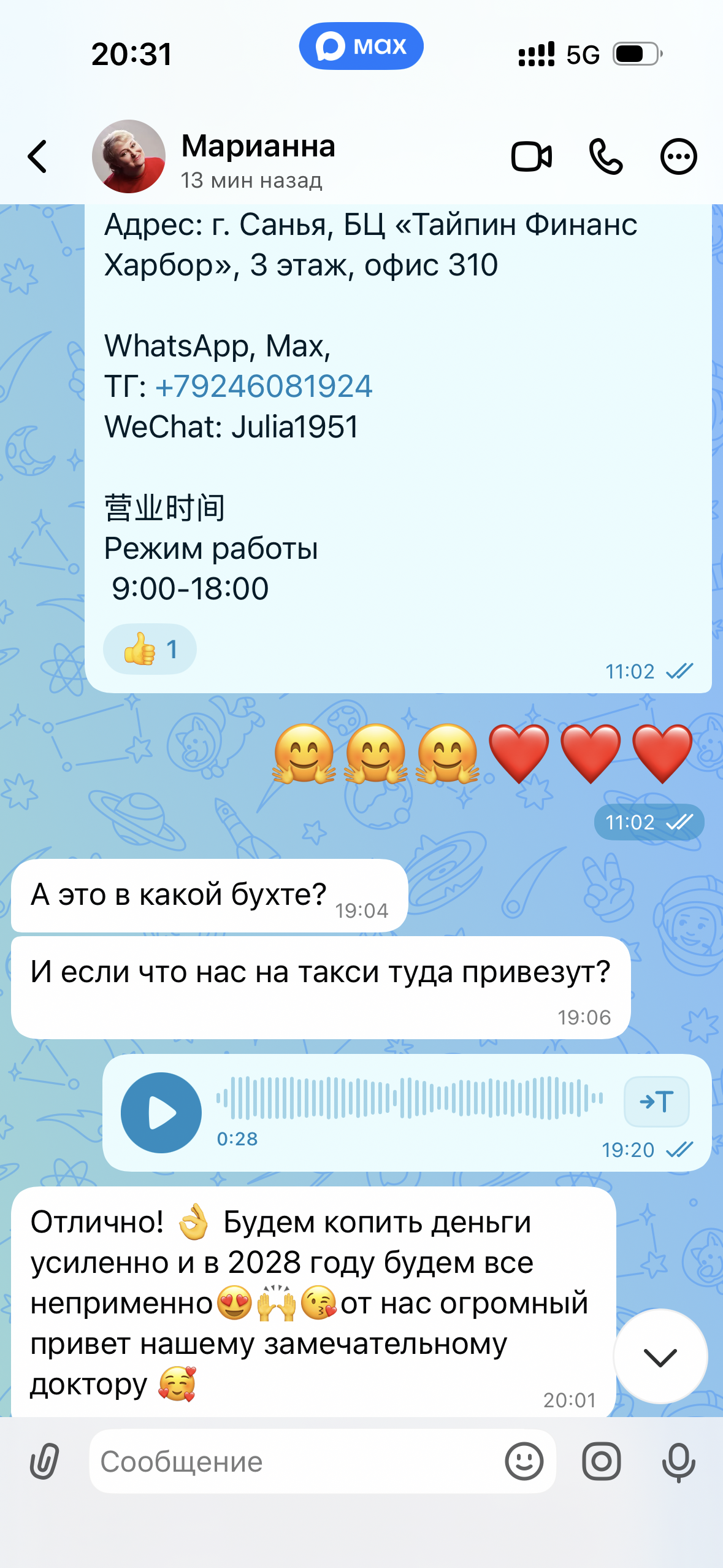 Продолжение переписки с Марианной — планы вернуться в клинику