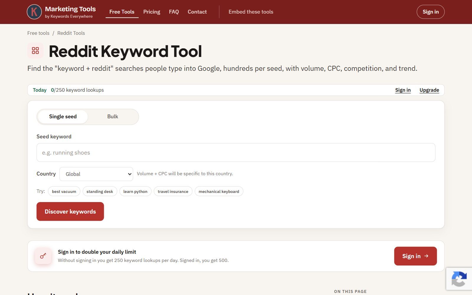 Keywords Everywhere free Reddit Keyword Tool page screenshot (October 2026)