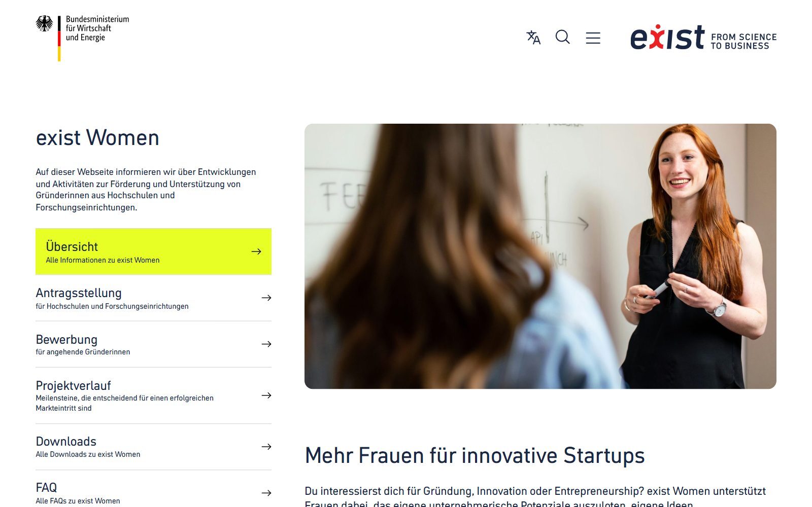 exist Women programme page of the German Federal Ministry for Economic Affairs and Energy, screenshot (October 2026)