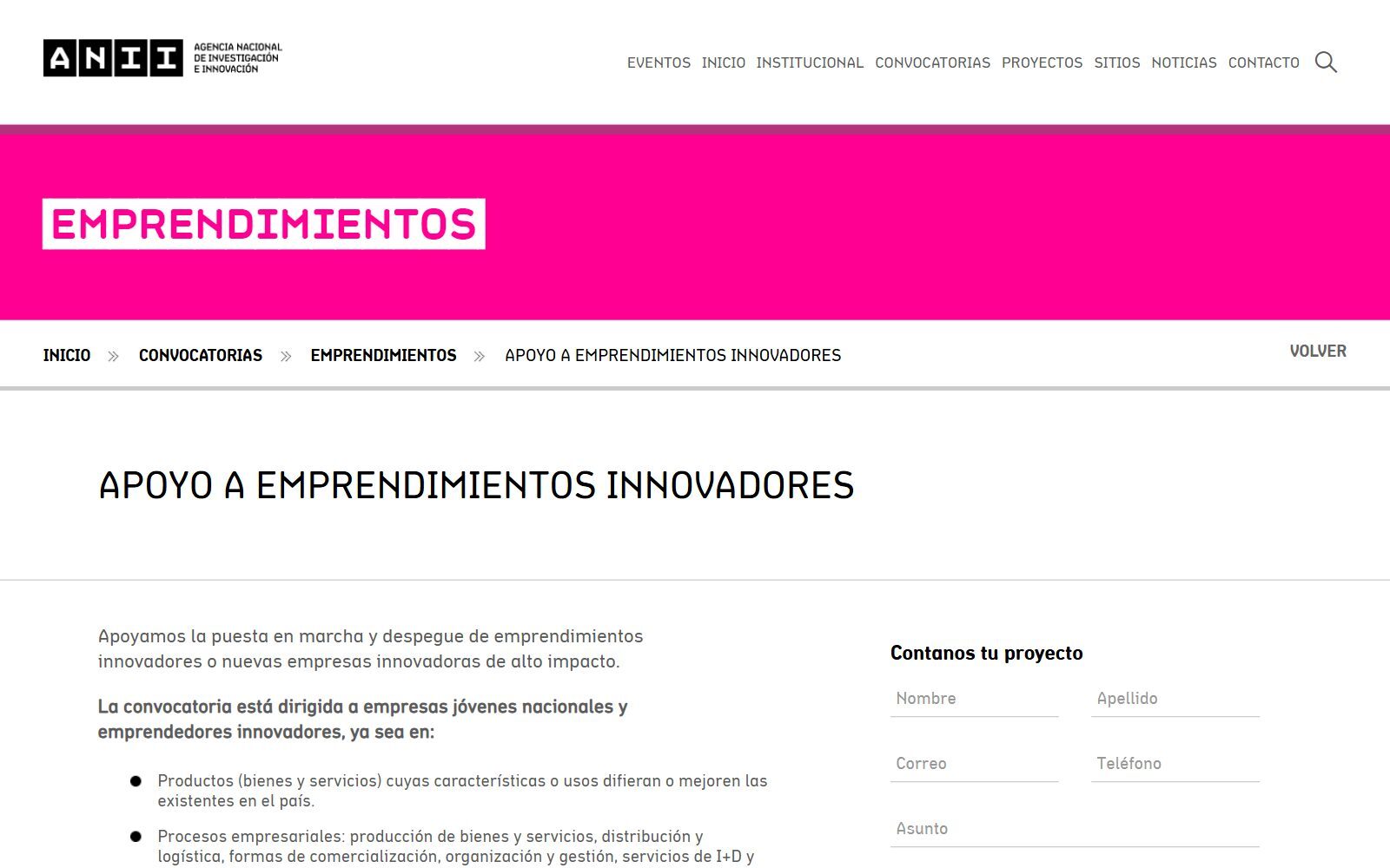 ANII Apoyo a Emprendimientos Innovadores call page, Uruguay, screenshot (October 2026)
