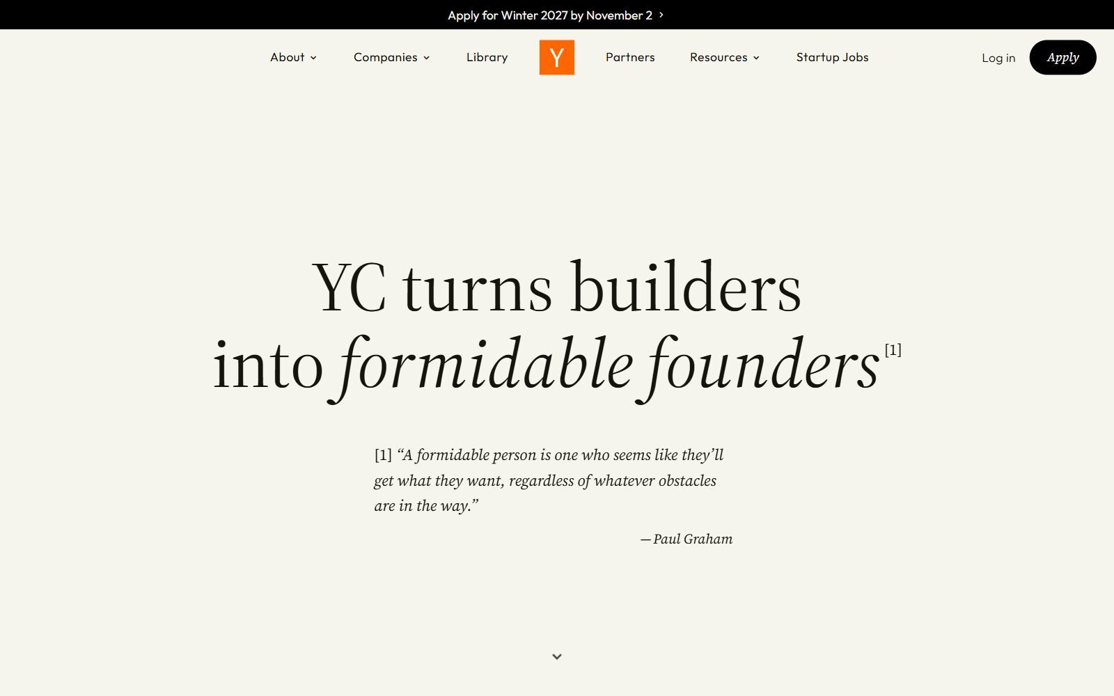 Y Combinator homepage screenshot showing the Winter 2027 application banner (October 2026)