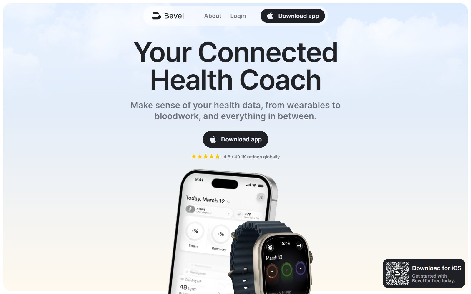 Bevel AI health coach app homepage screenshot (October 2026)