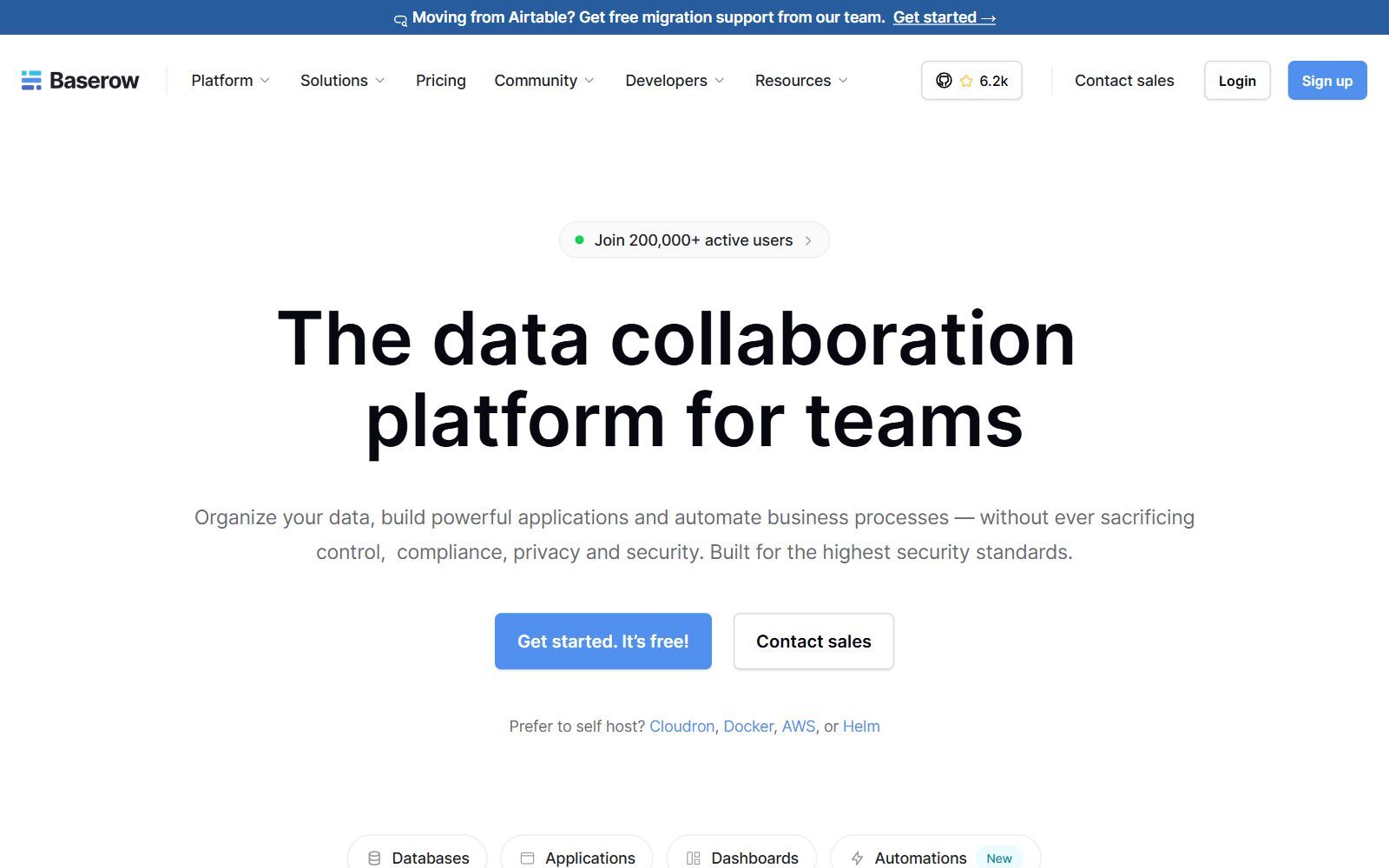 Baserow homepage screenshot (October 2026)