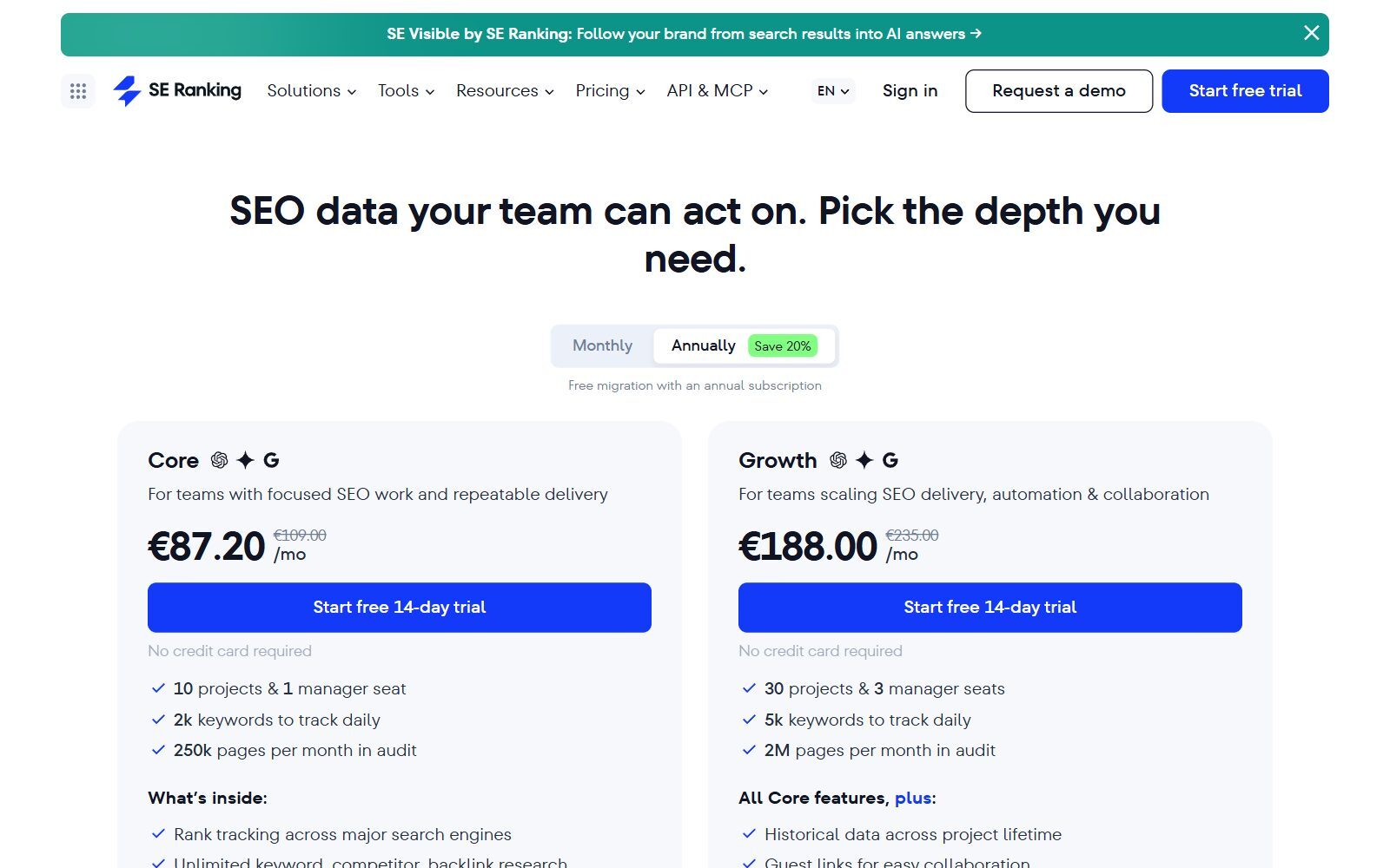 SE Ranking pricing page screenshot with the Core and Growth plans (October 2026)