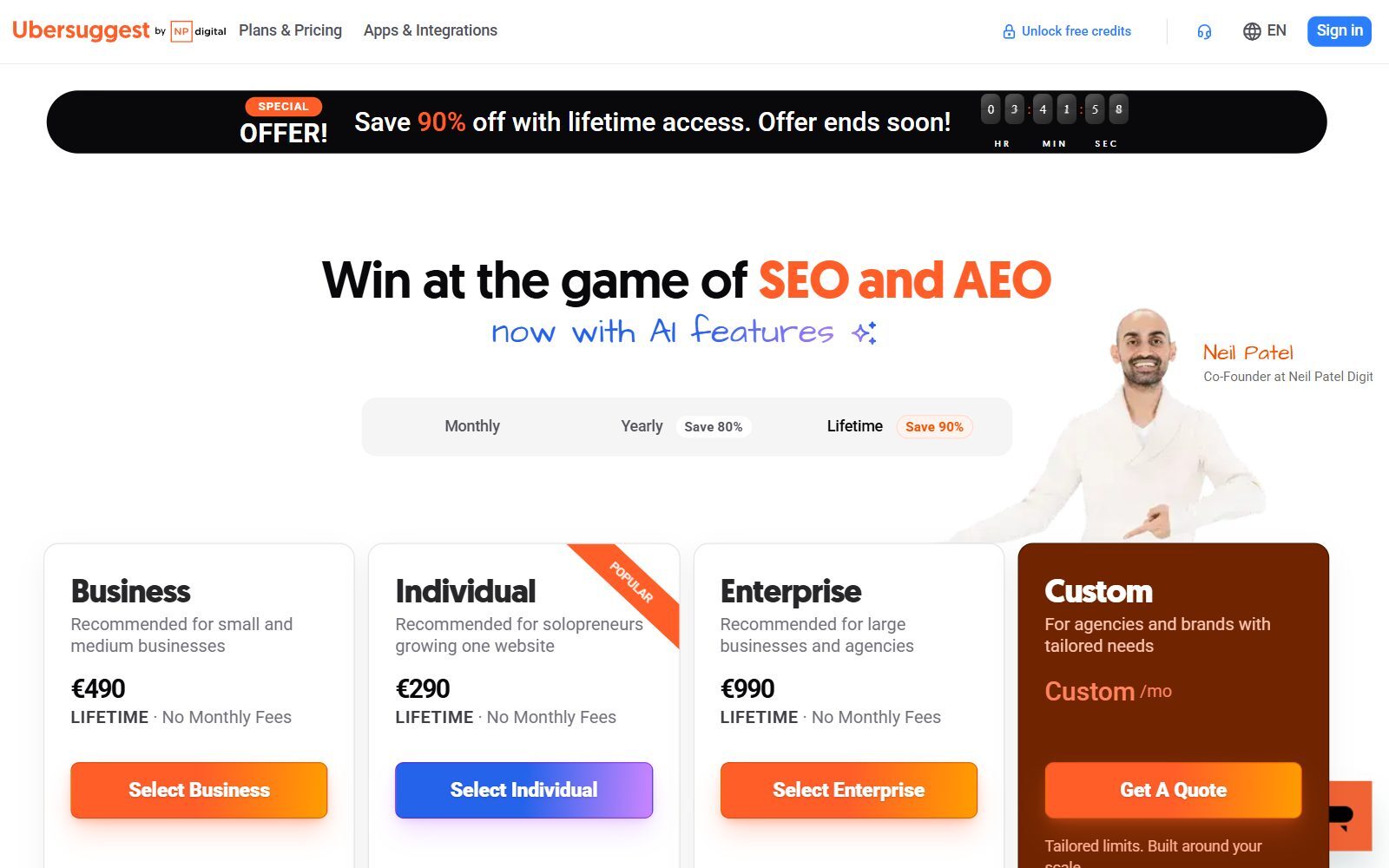 Ubersuggest pricing page screenshot showing the Business, Individual and Enterprise lifetime plans in euros (October 2026)