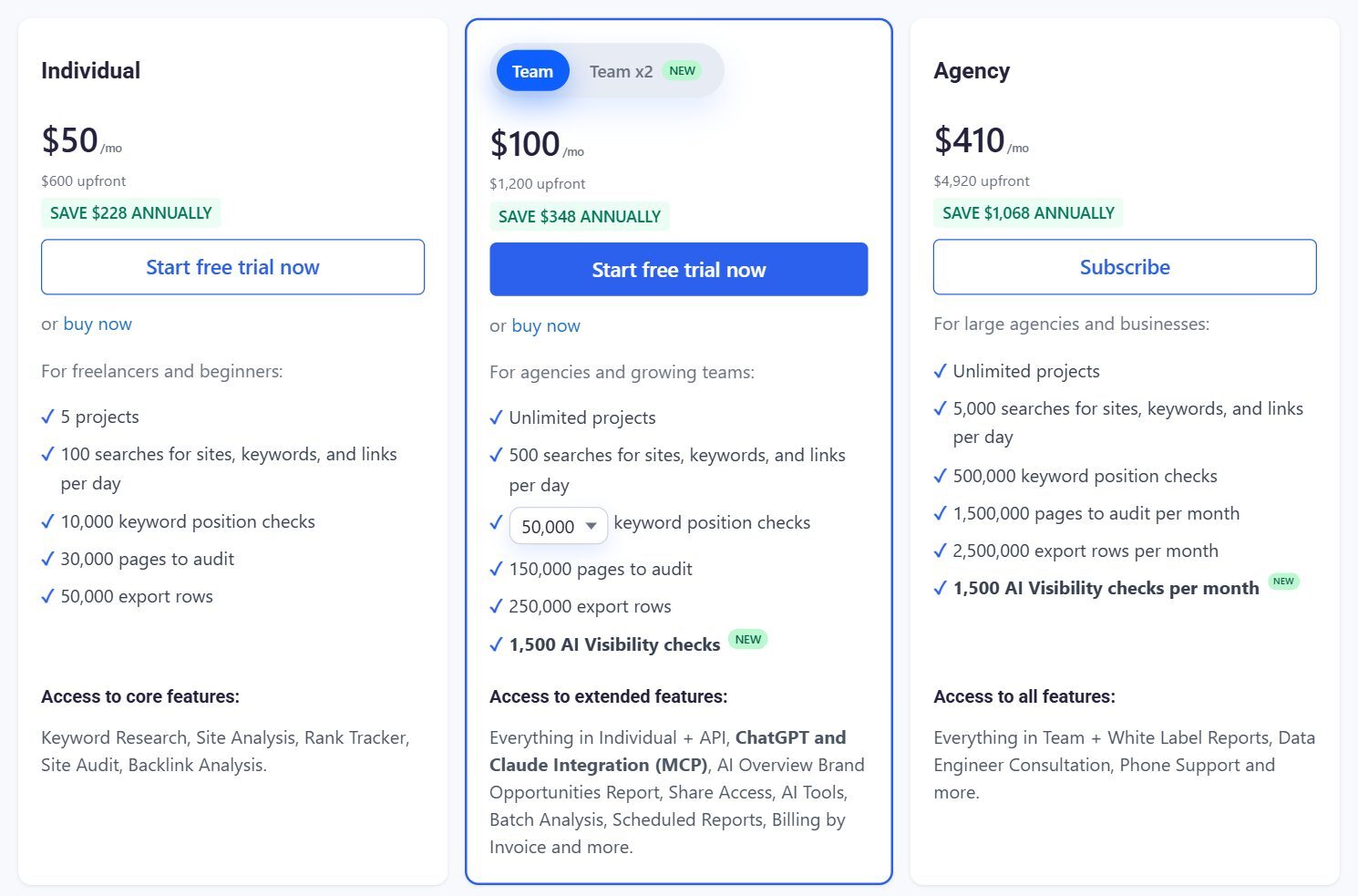 Serpstat pricing page screenshot showing Individual, Team and Agency plans with yearly prices (October 2026)
