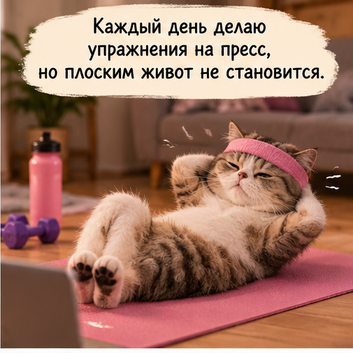 Мем: каждый день делаю упражнения на пресс, но плоским живот не становится