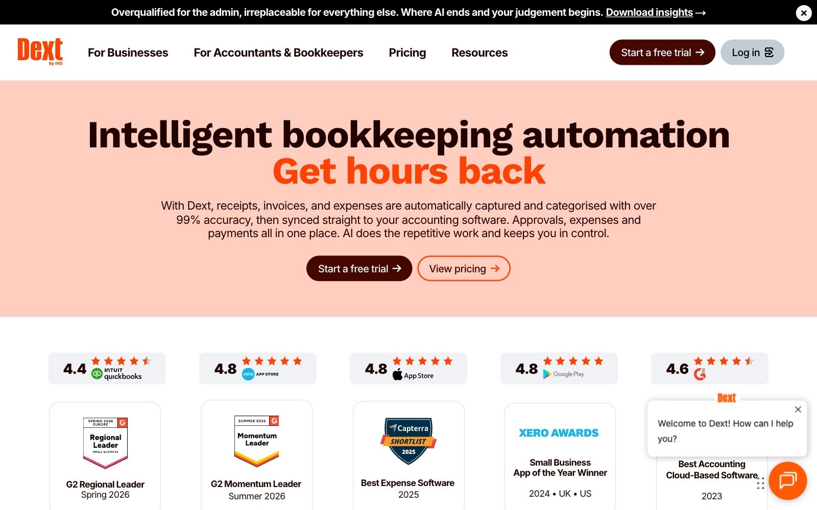 Dext homepage screenshot: receipt and bill capture for bookkeeping