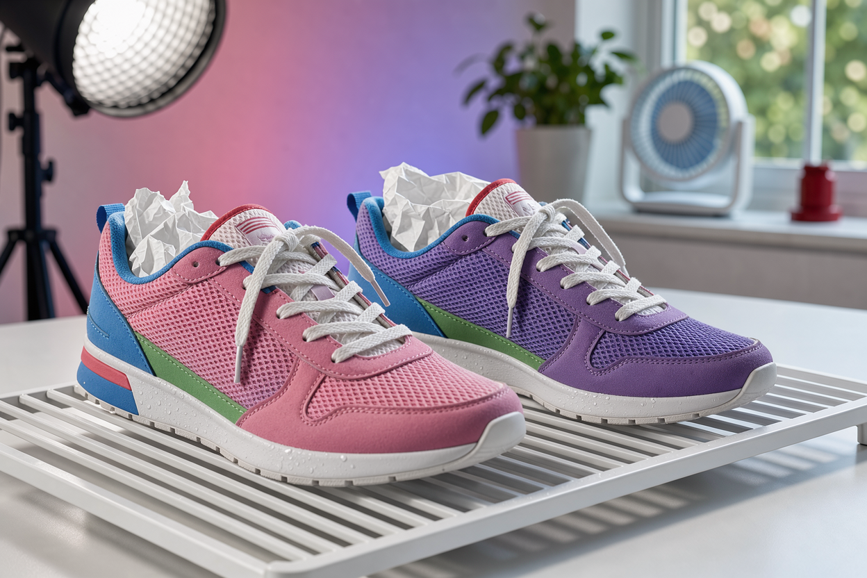 pair of sneakers drying on a ventilated rack with crumpled paper stuffed inside to keep shape, placed in a shaded well-ventilated room