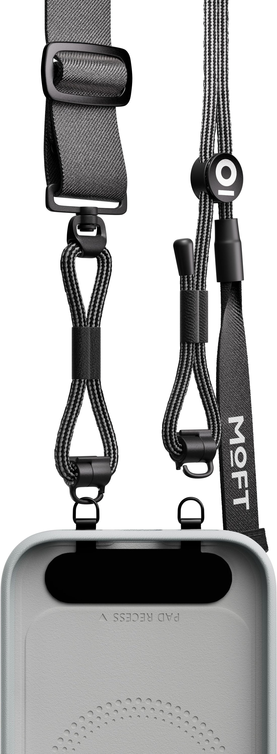 Устройство ремешка MOFT Everywhere Lanyard: пряжка-слайдер, поворотное колесо, быстрая пряжка и клипсы