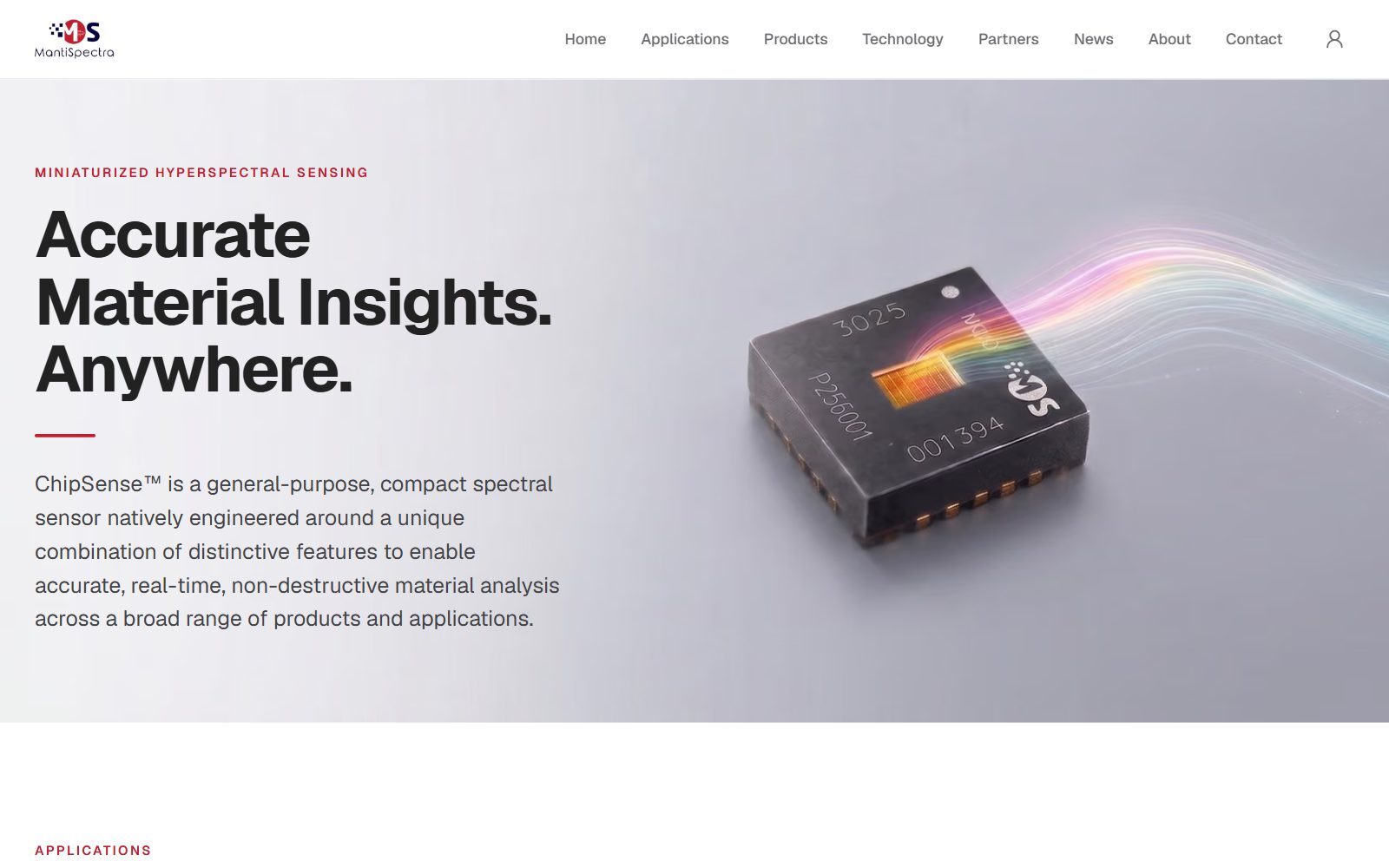 MantiSpectra ChipSense homepage screenshot (October 2026)