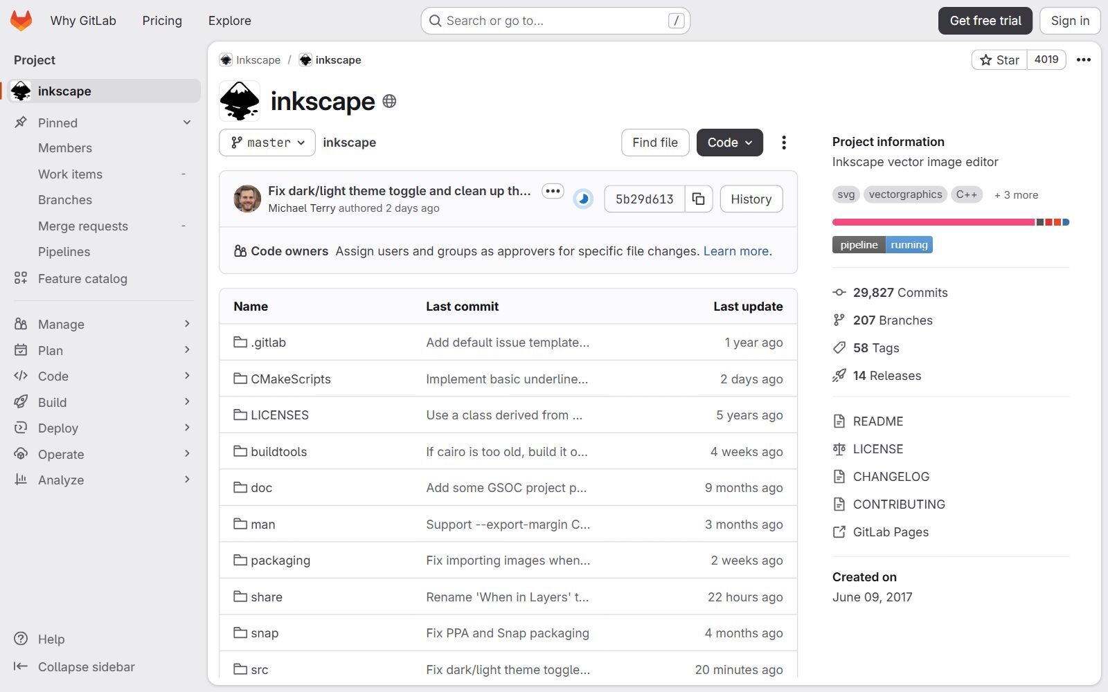 Inkscape official GitLab repository screenshot (October 2026)