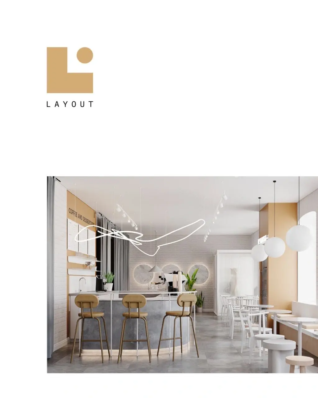 Интерьер кофейни Layout с круглыми светильниками и акцентами