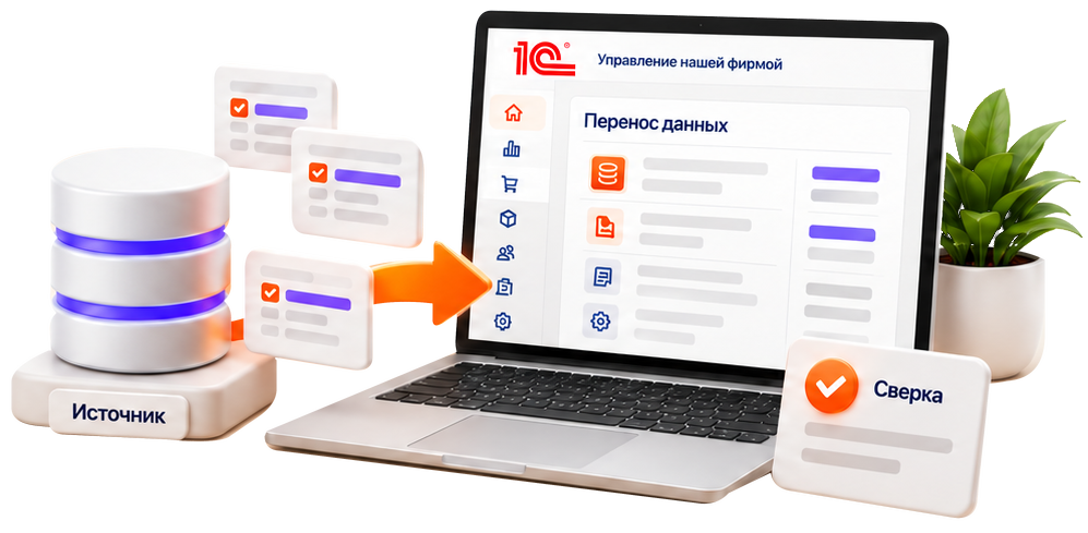 Перенос данных из базы «Источник» в 1С:УНФ на ноутбуке с последующей сверкой