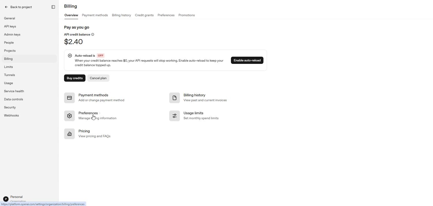 Раздел Billing на платформе OpenAI, баланс API и кнопка Buy credits