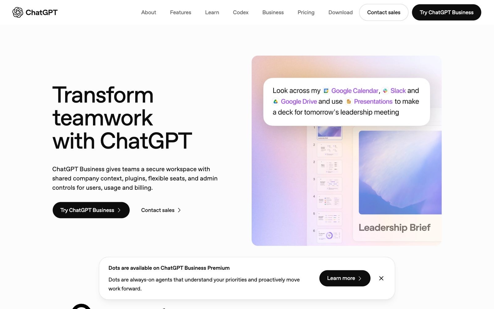 ChatGPT Business homepage screenshot: OpenAI's AI assistant plan for teams