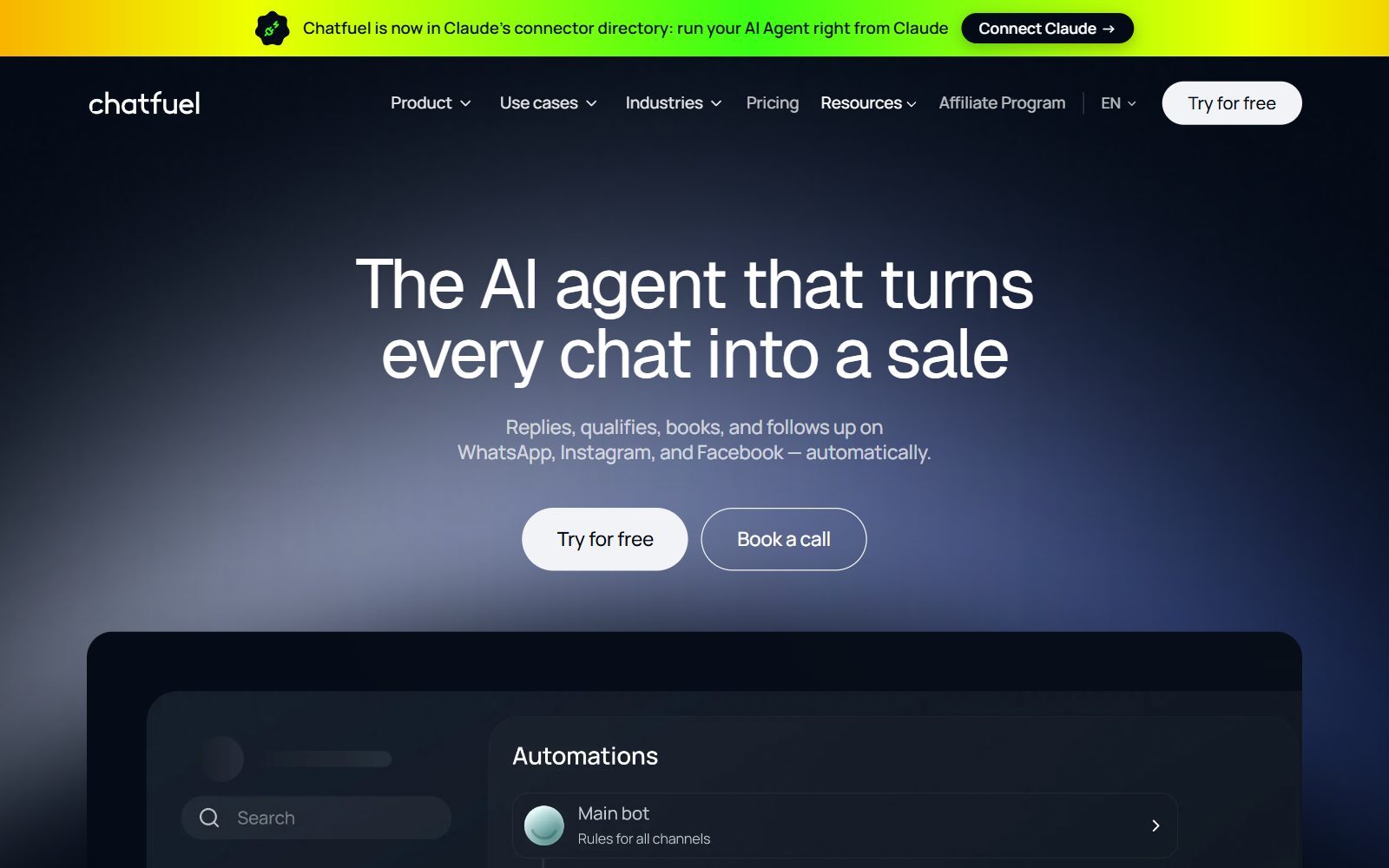 Chatfuel homepage screenshot (October 2026)