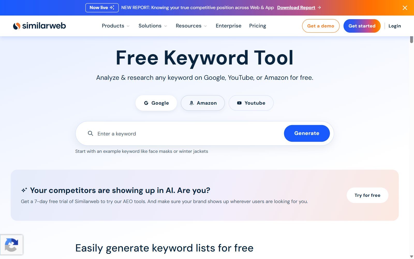Similarweb free keyword tool for Google, YouTube and Amazon (October 2026)