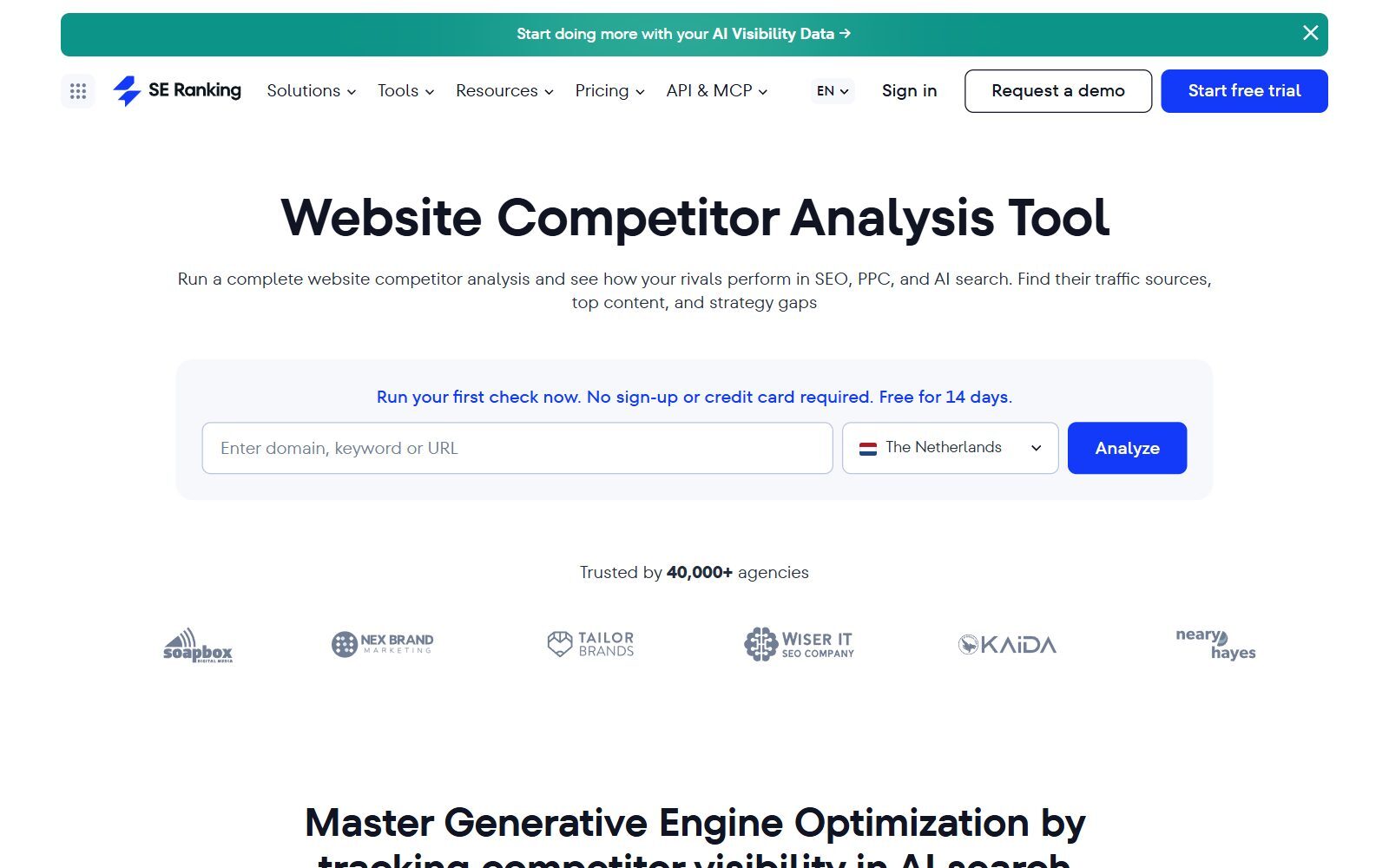 SE Ranking website competitor analysis tool page screenshot (October 2026)