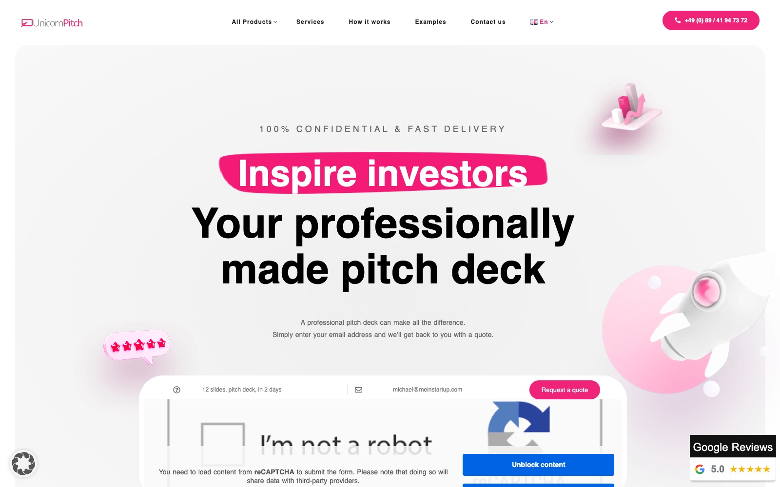 UnicornPitch homepage screenshot: pitch deck agency in Europe