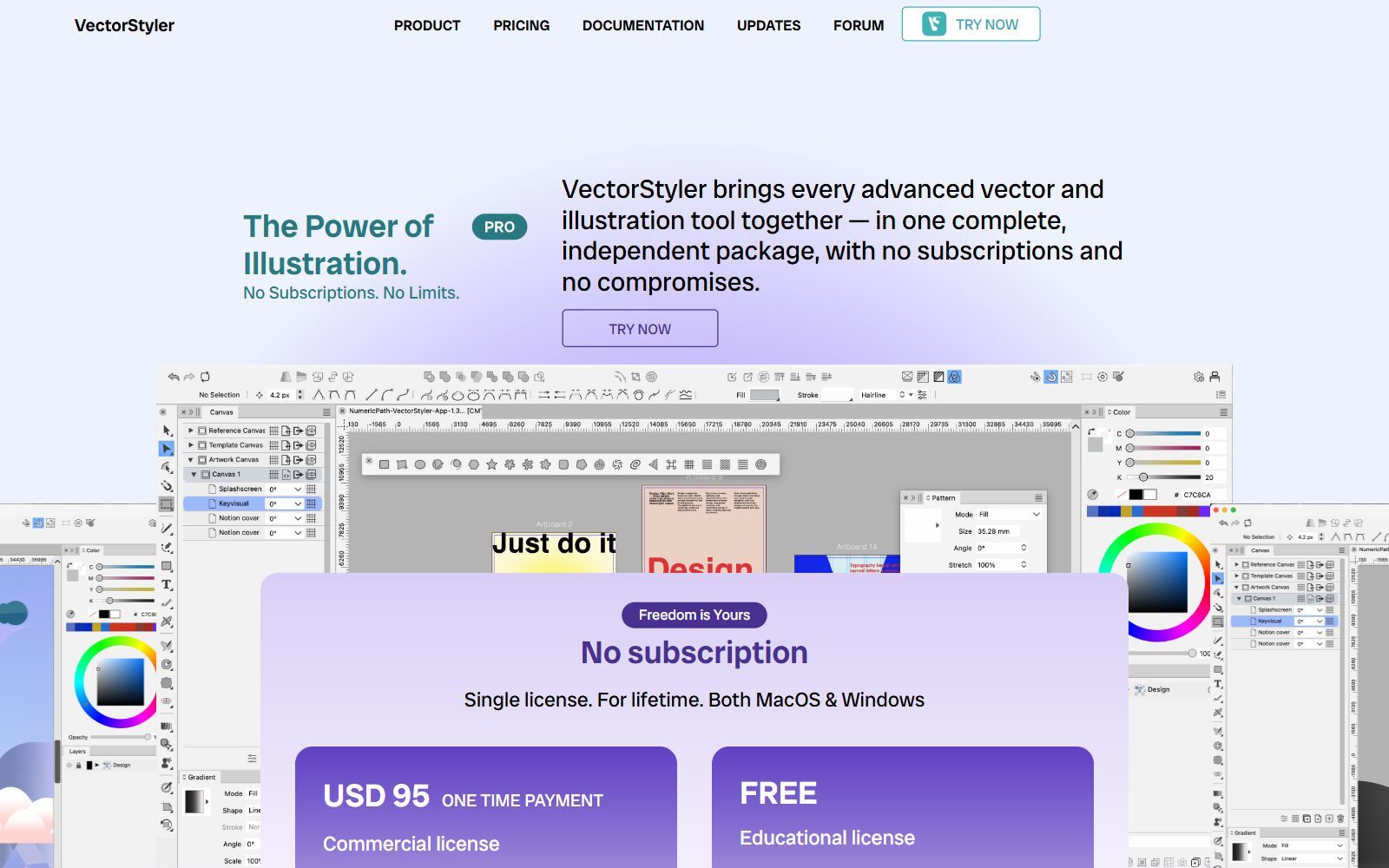 VectorStyler homepage screenshot with the one-time licence price (October 2026)