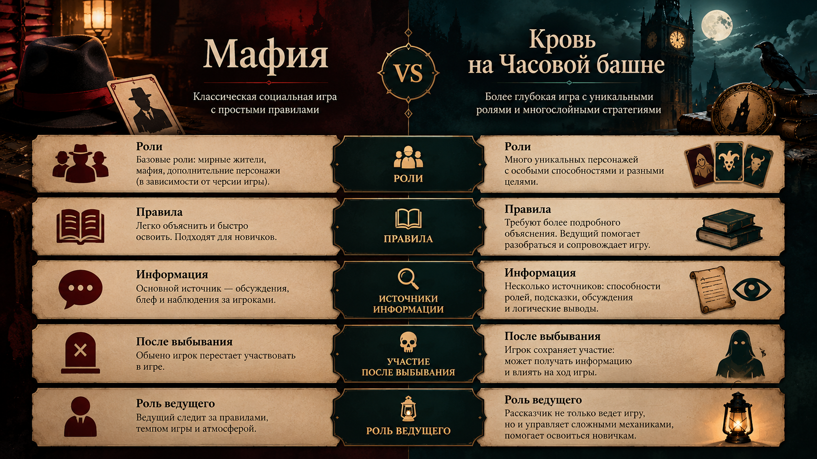 Сравнение игр «Мафия» и «Кровь на Часовой башне»
