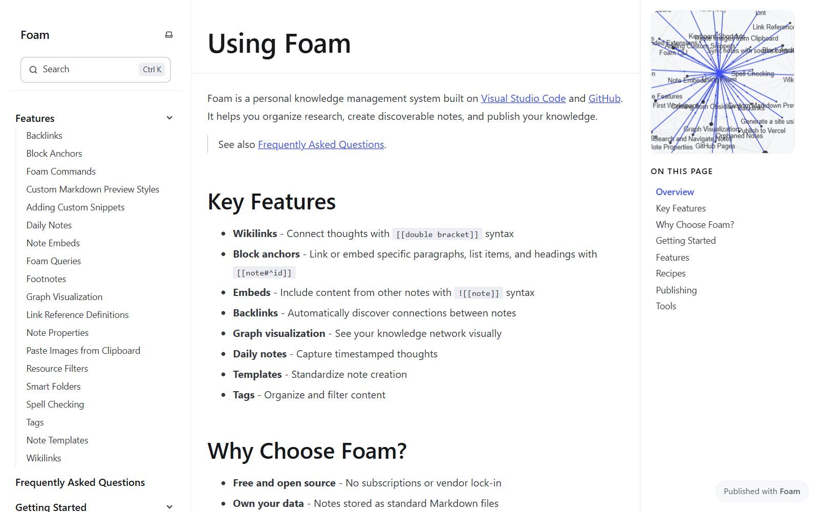 Foam personal knowledge management for VS Code documentation screenshot (October 2026)