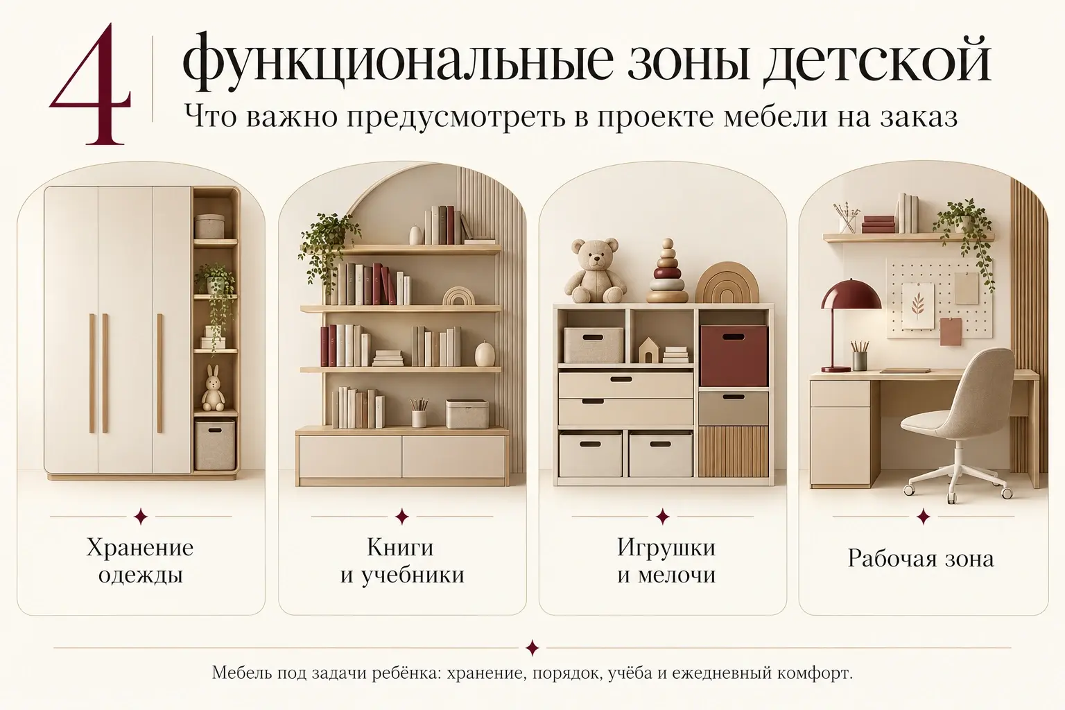 Инфографика: хранение одежды, полки для книг, ящики для игрушек и рабочее место в детской