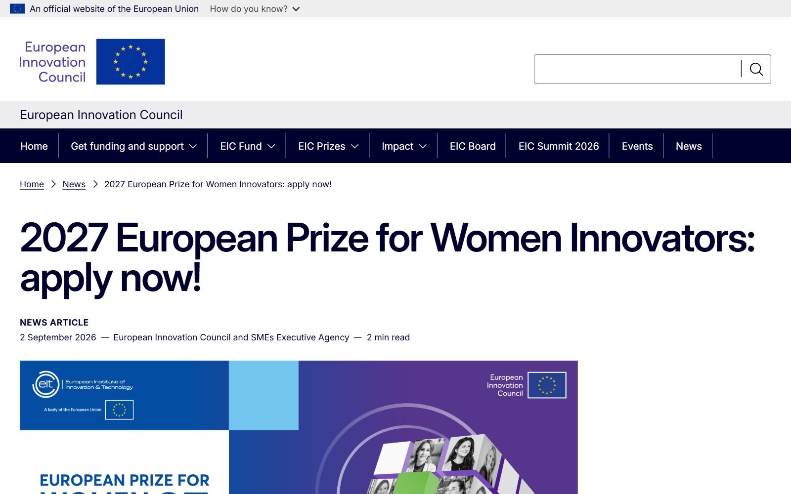 European Prize for Women Innovators 2027 call page screenshot (October 2026)