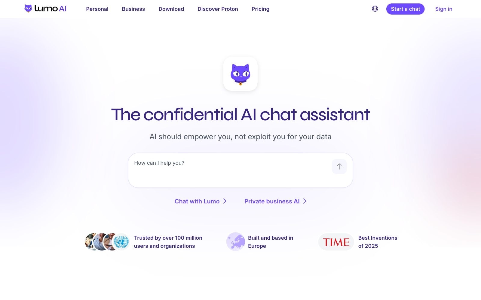 Lumo by Proton homepage screenshot: Proton's encrypted AI chat assistant
