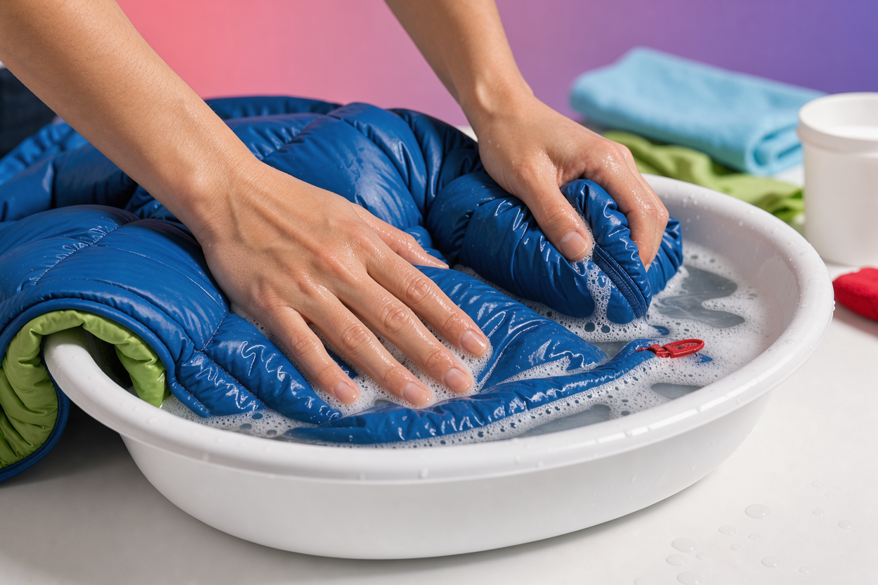Close-up of gentle hand-washing a down jacket in a shallow basin with cloudy water and soft foam, hands pressing fabric carefully, no branded products visible