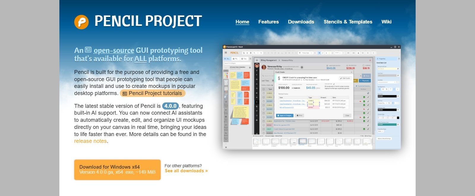 Pencil Project homepage screenshot showing version 4.0.0 with built-in AI support (October 2026)