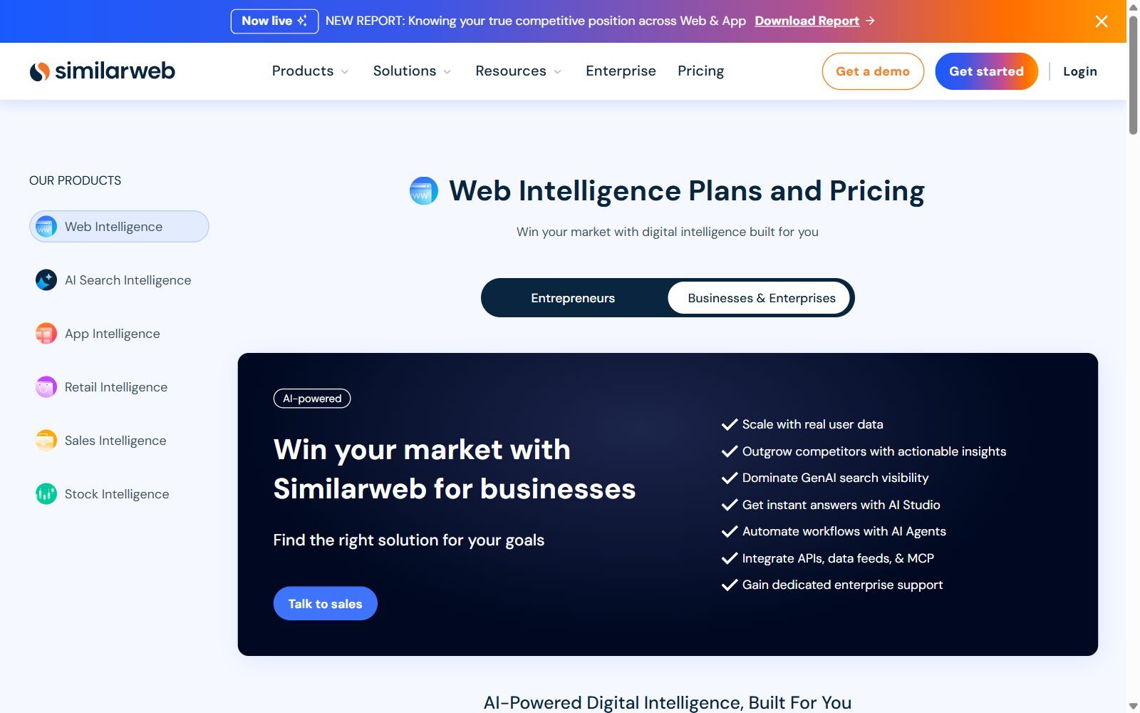 Similarweb Web Intelligence plans and pricing page screenshot (October 2026)