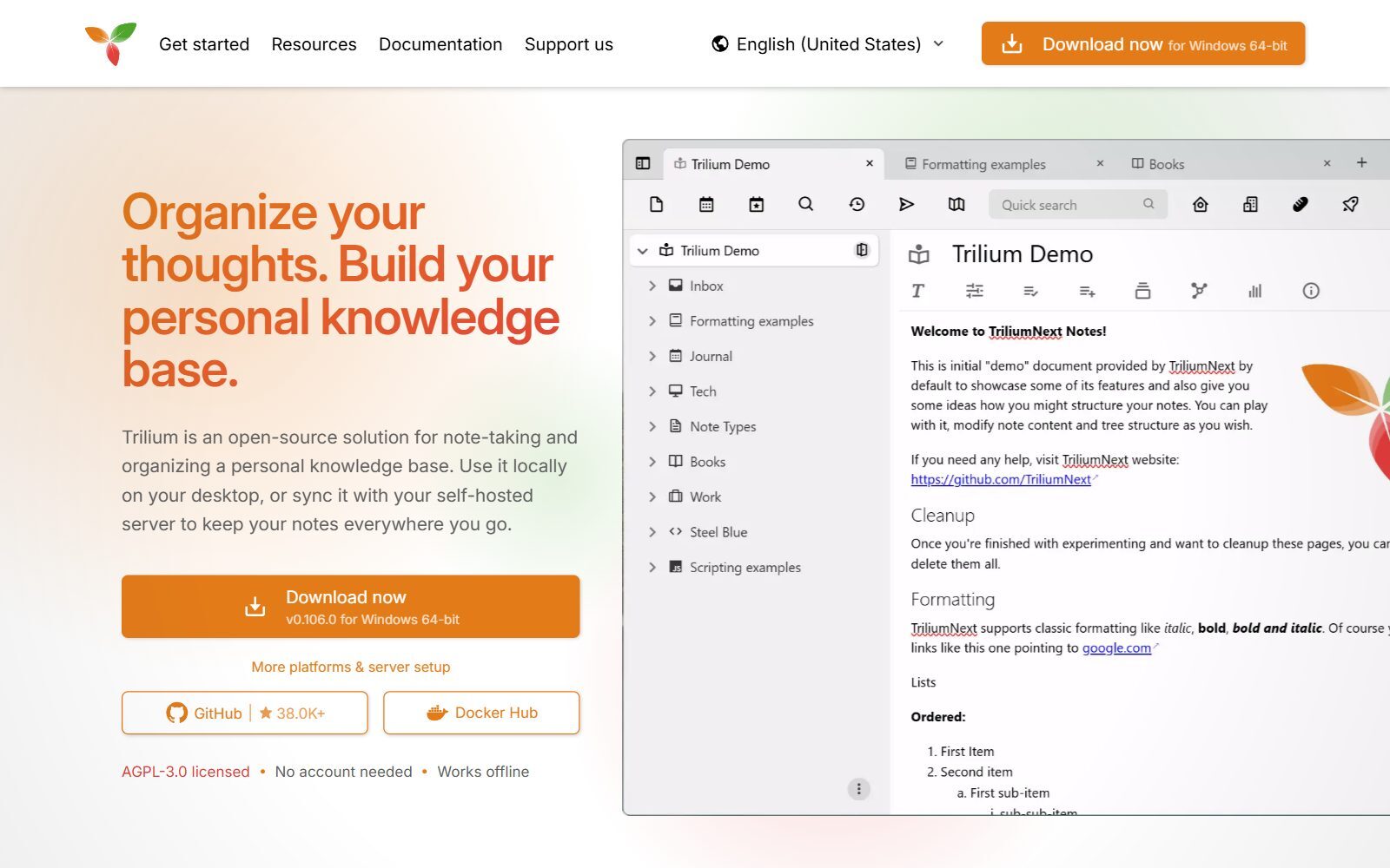 Trilium Notes homepage screenshot (October 2026)