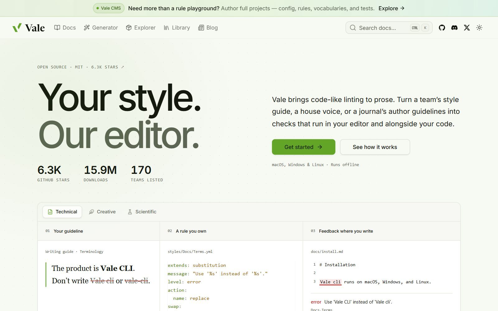 Vale prose linter homepage screenshot (October 2026)