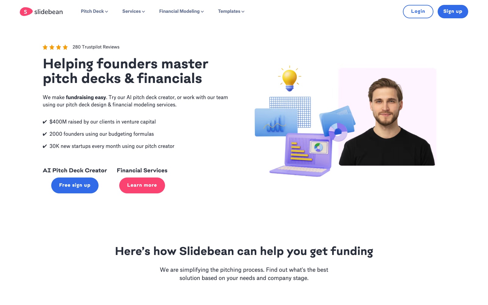 Slidebean homepage screenshot: pitch deck agency for startups