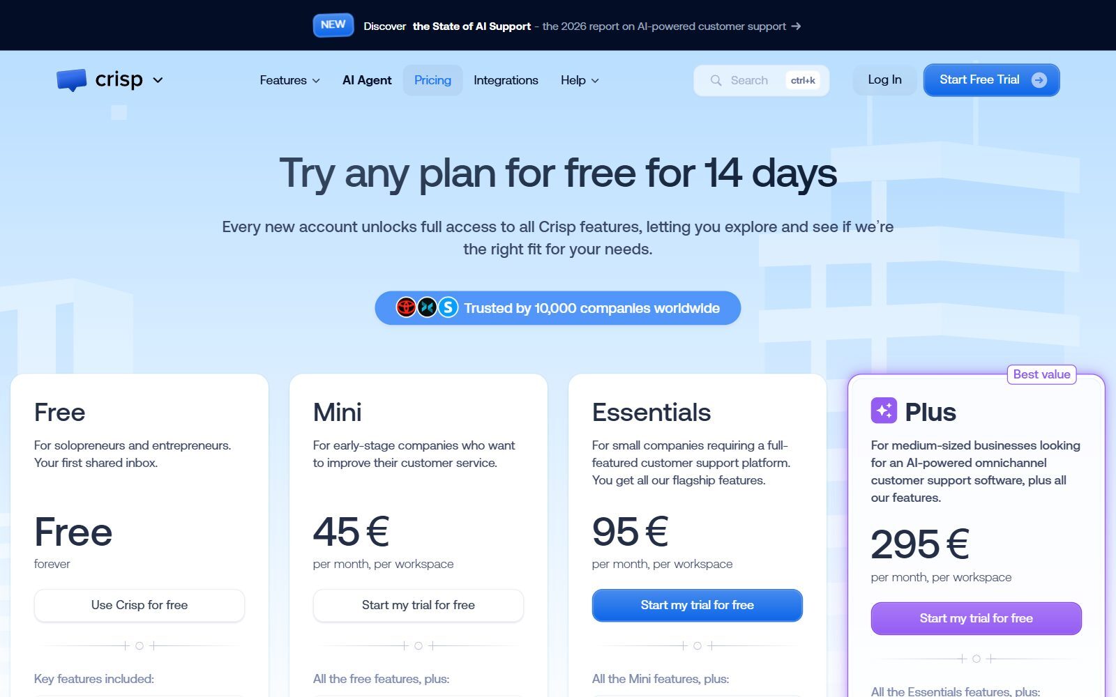 Crisp pricing page screenshot (October 2026) showing the Free forever plan next to Mini, Essentials and Plus