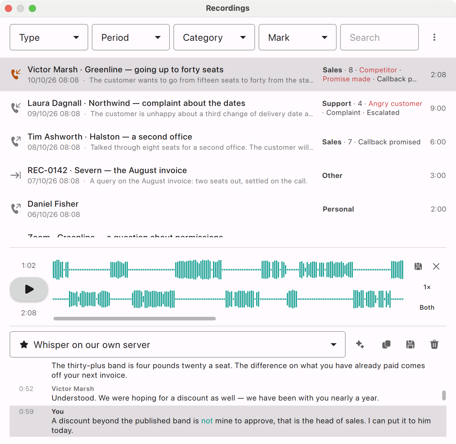 AI Softphone recordings window: the list of calls with summaries and categories, a two-channel waveform and the transcript from a Whisper server, speaker by speaker