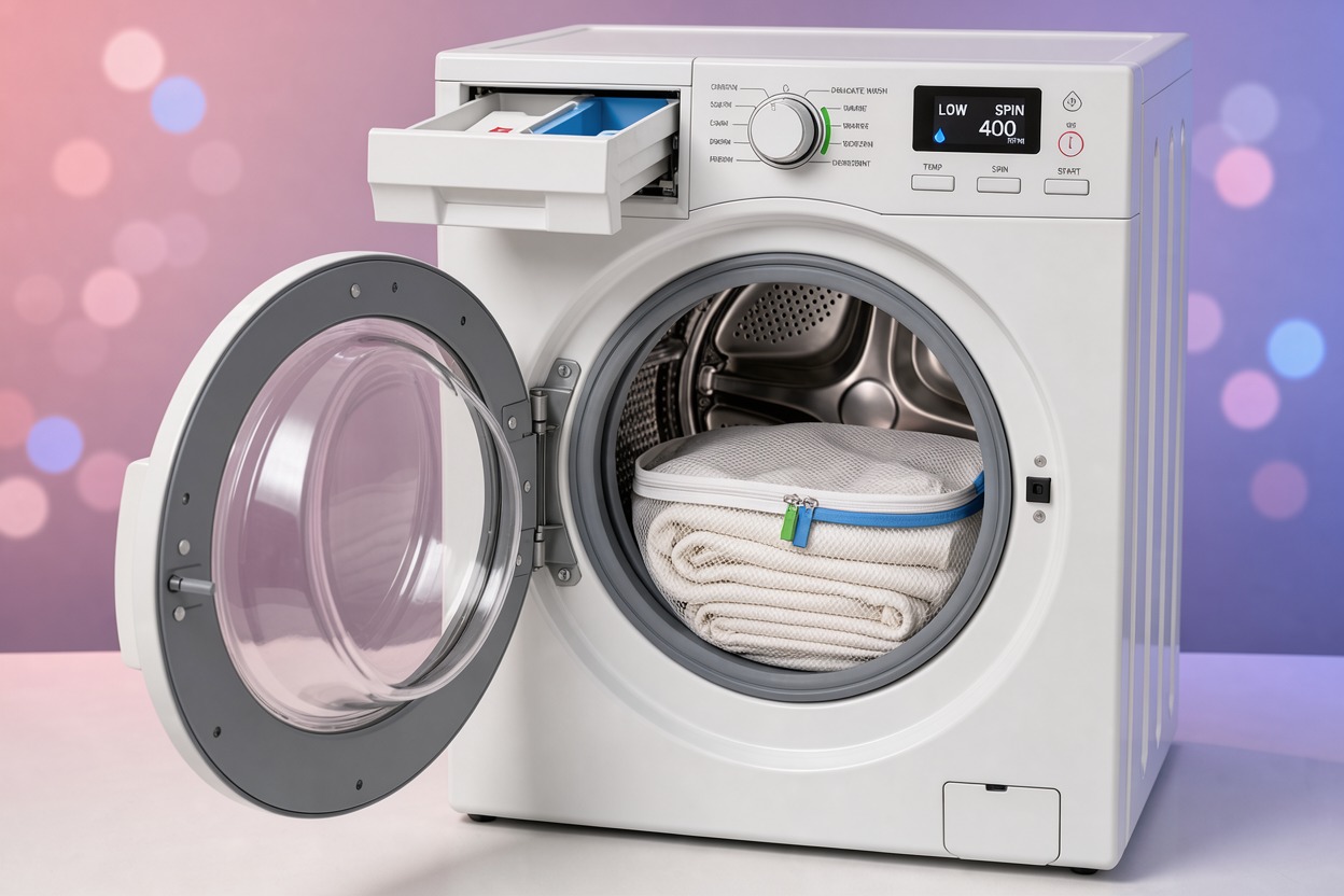 Open washing machine drum with folded curtains inside a mesh laundry bag, nearby detergent drawer and control panel showing delicate wash and low spin settings