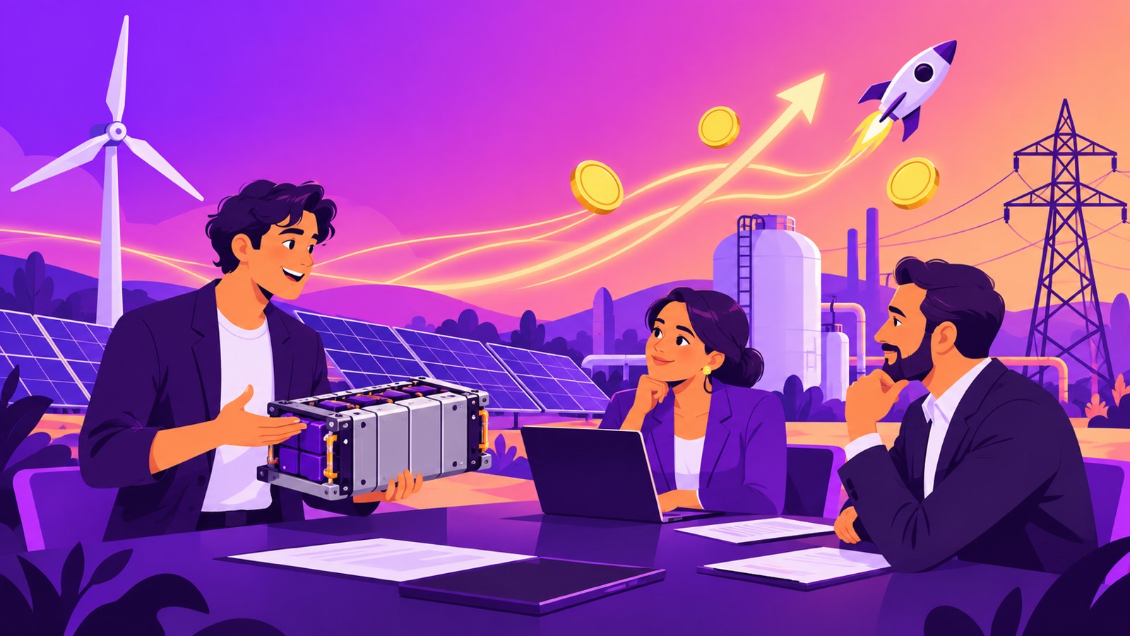 EIT InnoEnergy illustration: a clean tech founder shows a battery module prototype to two investors at a table, with a wind turbine, solar panels, a hydrogen tank, a power pylon and a rising arrow with coins